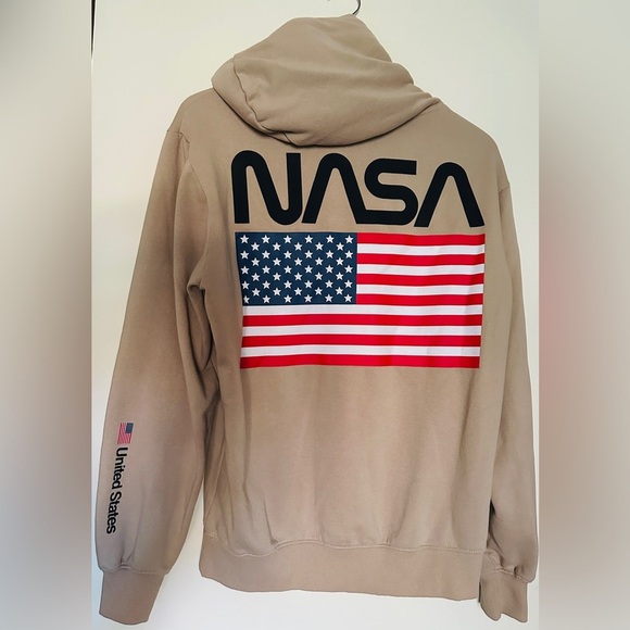 H&M Divided Men Hoodie NASA Printed Beige Sz Small Pullover kangaroo pocket - Picture 5 of 10